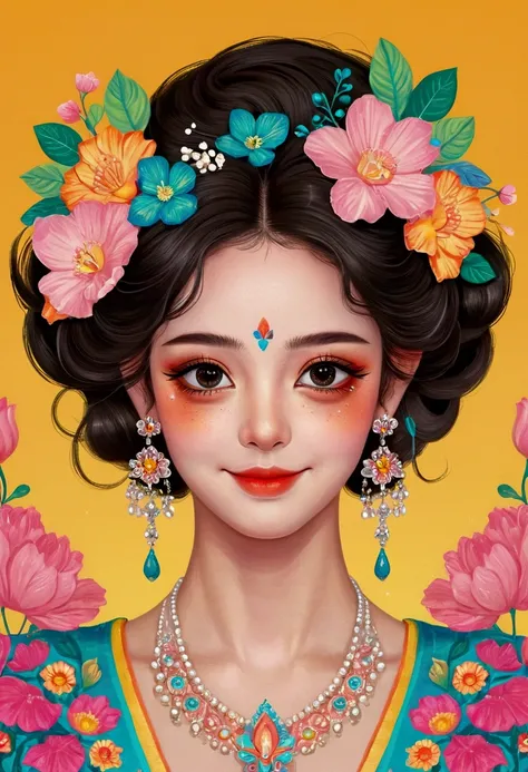 Digital Art Girl Portrait，Smile，solitary，symmetry，Gradient hair，Colorful big eyes，Fashionable and exquisite facial features，Exquisite makeup，Beautiful hairstyle，Exaggerated flower earrings，Clean and simple background