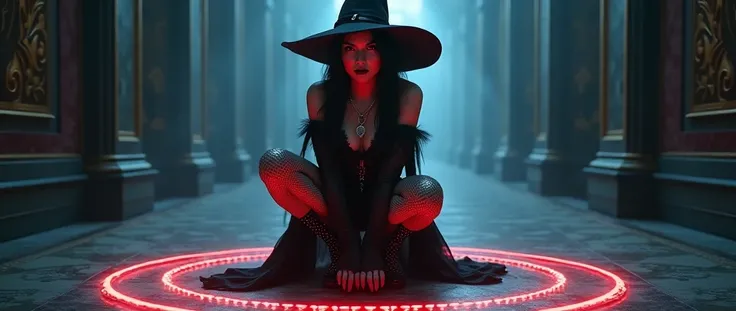 a stylish emo pale witch gothic woman  wickes smile evil smirk crouched  in dark foggy in baroque hall around glowing hex circle magic on ground, witch hat, black velvets, lace, fishnets and leather tinged with scarlet or purple, accessorized with tightly ...