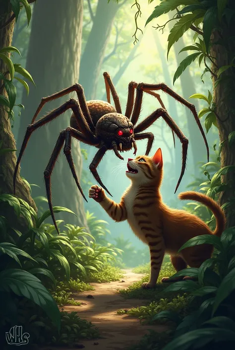 A spider bite a cat in jungle 