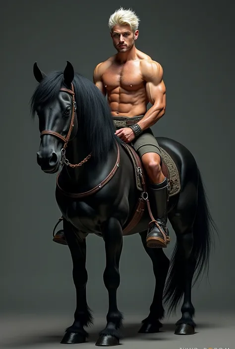 Young man with light blue eyes, pale blonde hair and a hairy and vigorous body on a black horse