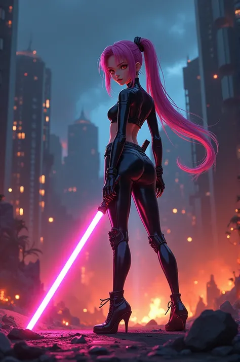 an anime girl stands with a lightsaber in her hand against the background of a burning city wearing a latex suit