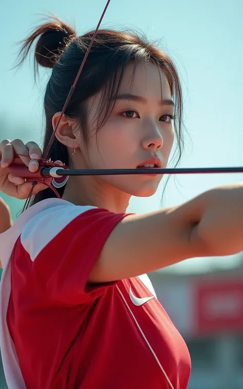 Ultra-high resolution，Women&#39;s Archery at the Olympics，Red and white clothing，real picture，（1 Korean beauty，Super beautiful，Fair skin）full-body shot，Panoramic vistas，Wide-angle lens，Olympic Games venue，Professional equipment，Focus，Ten rings，Olympic comp...