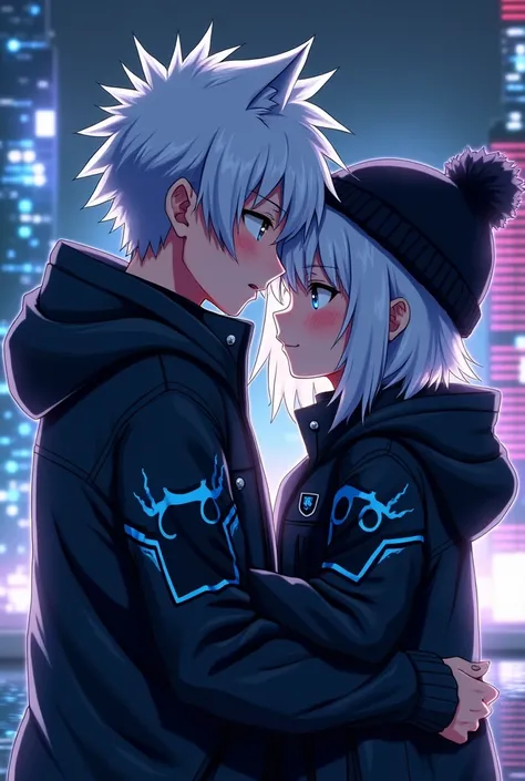 Anime girl and boy hugs each other both are wearing black jacket with some future astic blue pattern on it background city jacket cover with head and zoom more and background little bit of dark jacket has hat and they are wearing it anime boy and girl both...