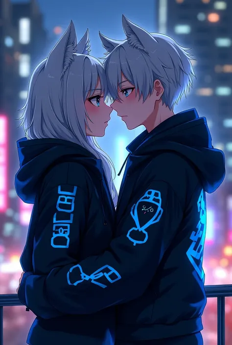 anime girl and boy hugs each other both are wearing black jacket with some future astic blue pattern on it background city jacket cover with head and zoom more and background little bit of dark jacket has hat and they are wearing it anime boy and girl both