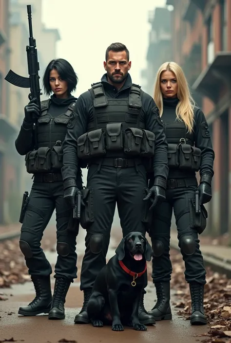 1 Man with short hair and beard and 2 women, one with short black hair and the other with long blonde hair, All three dressed in black tactical clothing, the man with long guns, guns on their waists on their legs and in their vests and women with handguns ...