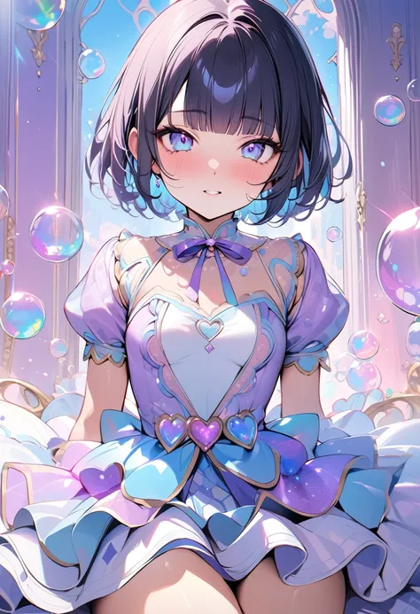 (masterpiece, best quality:1.5), (high resolution 8K), detailed eyes and face, detailed body, 
BREAK (extra short hair:2.0), (blunt bangs:1.5), black hair, (inner blue color hair:1.2), blue eyes, , flat chest,  
BREAK (pastel blue and (lavender:0.7) theme:...