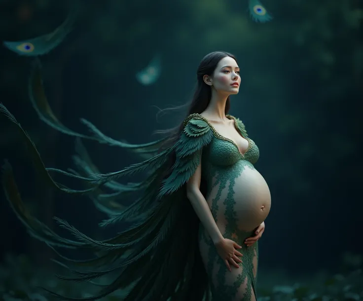 Make a realistic peacock with humanoid features of a pregnant woman, full body shot dress should be look like make peacock feather . hig hress image . green background peackock freather in background