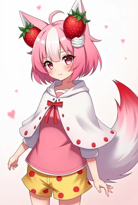 sexy anime girl, Pink and White wolfcut hair, 2 big strawberries with cream on her head, a strawberry shortcake on her head, with a white poncho, a pink schoolgirl outfit, a white tail with a red tip and yellow fruit shorts