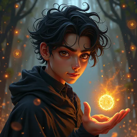 (A masterpiece, high quality, Detailed 8k CG wallpaper and exquisite illustration) miguel, a young and talented Latin sorcerer: Dark, delgado, Curly hair, , with heterochrony, (protagonist).