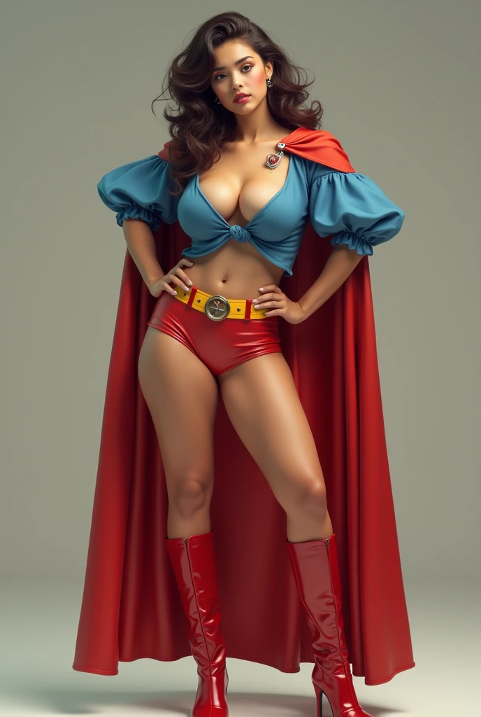 A SEXY BUSTY TEEN FEMALE WEARING A 1970 BLUE OPEN V BUTTONLESS BLOUSE WITH A SMALL "S"EMBLEM ON THE RIGHT SIDE OF HER CHEST, A PAIR OF RED SHORTS WITH A YELLOW BELT, TALL RED HEELED BOOTS, A BLUE CHOKER, AND A LONG FLOWING RED CAPE.