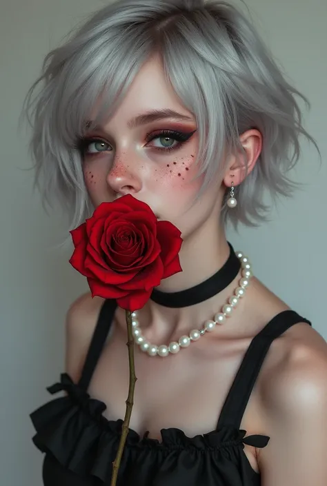 1 girl，Silver short hair，Beautiful facial features，Exquisite makeup，Exquisite eyes，Eye details，Dark eyeshadow，A red rose biting through teeth，small freckles，Pearl Necklace，Black suspender skirt，Shoulder，arm