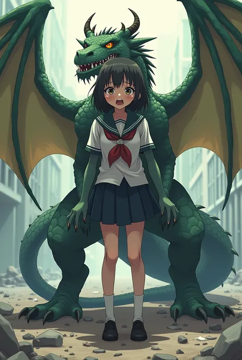 A girls lower_body is transforming into a dragon(four dragon legs)(scared)(Japanese anime style)(scared and crying)(three dragon tails)(dragon wings)(dragon angles)(dragon ears)（broken student costume(
)(dragon 1:5)