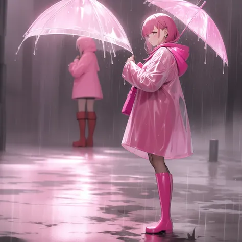 araffe woman in pink coat and pink rain boots, standing in the rain, pretty girl standing in the rain, on a rainy day, pink and red color style, rainy weather, in the rain, rainy day, holding a umbrella, in a rainy environment, girl in raincoat, mud, she i...