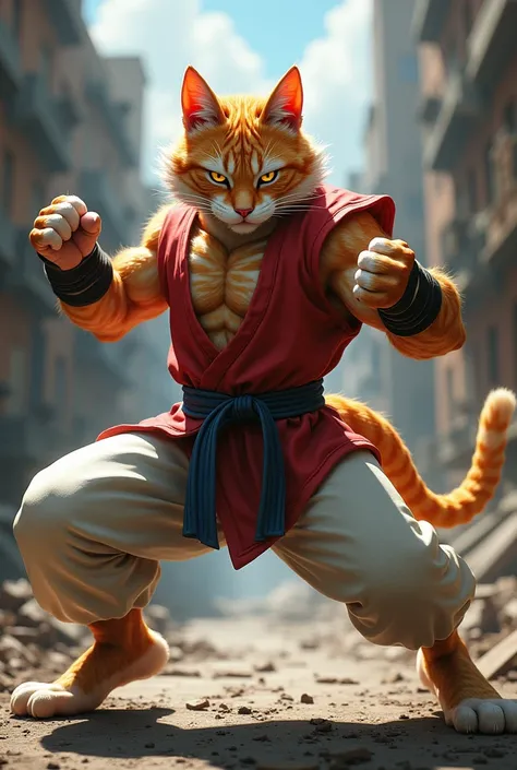 Ryu style fighting cat with the gaze covering its eyes 