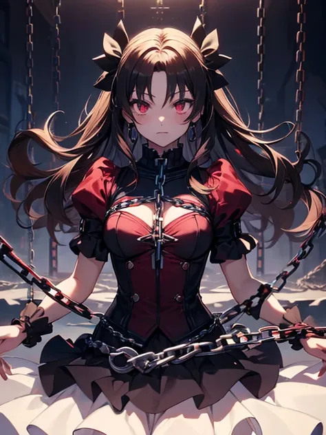 (Chains:1.5), vampire, cute, Beauty, Tohsaka Rin, (masterpiece), highest quality, 1girl, uhd, retina, masterpiece, ccurate, anatomically correct, textured skin, super detail, high details, high quality, best quality, highres, 4K