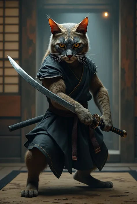 Ryu style fighting cat with a mask covering his eyes and a samurai sword 