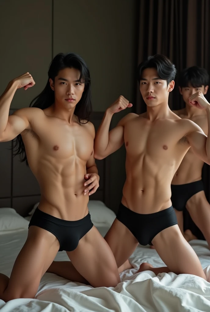 Four handsome Korean men, similar to Korean idols, with high noses, fair skin and dark skin, long hair parted in the middle, pulling up their shirts to show off their abs, wearing only black underwear and standing on the bed, flexing their muscles, lying w...