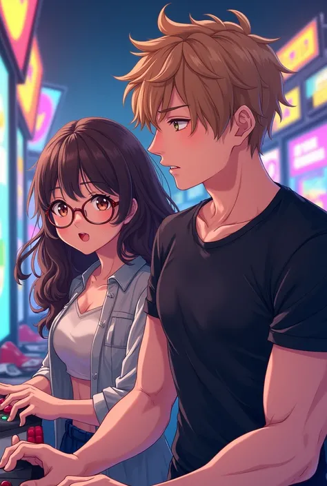 Two friends at an arcade,anime style,one girl with dark brown and curly long hair that wears glasses and wears a shirt revealing her chest and one masculine boy with light brown hair,brown eyes and wears a tight black tshirt, playing a game