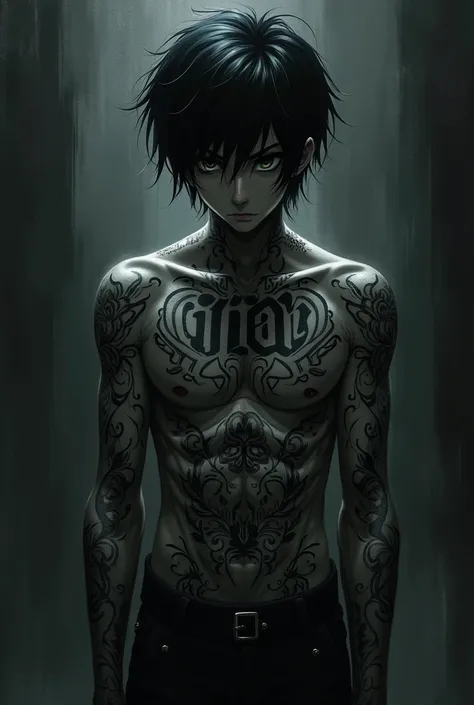 Dark anime character tattooed with the letters "Its ian" 