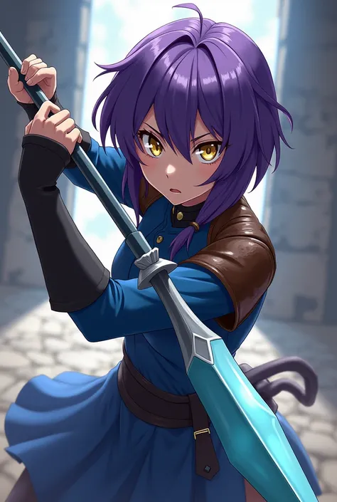 anime girl, with purple hair and very detailed yellow eyes, He has a blue outfit, medieval clothing, has a diamond spear, wears leather patches on his shoulders, u is in a naked attack position