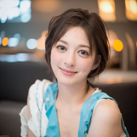 a Close-up portrait of gorgeous smiling cute Japanese woman in a glamorous blue dress outfit, delicate facial features, porcelain-skinned, ponytail, a fusion of young Marion Cotillards striking eyes and young Anne Hathaways introspective gaze, long and sle...