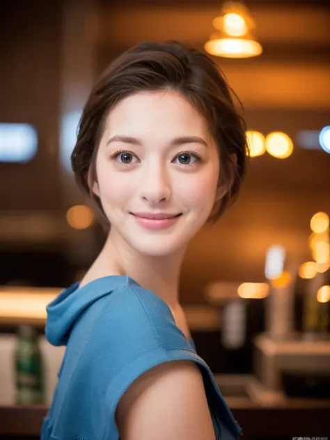 a Close-up portrait of gorgeous smiling cute Japanese woman in a glamorous blue dress outfit, delicate facial features, porcelain-skinned, ponytail, a fusion of young Marion Cotillards striking eyes and young Anne Hathaways introspective gaze, long and sle...