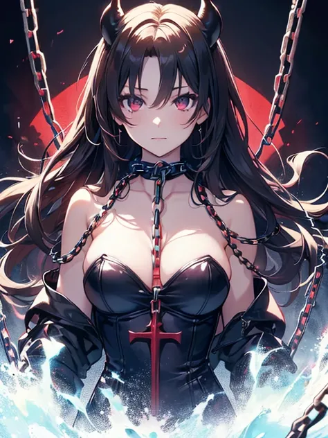 (Chains:1.5), (devil:1.2), The background is a church, cute, Beauty, Tohsaka Rin, (masterpiece), highest quality, 1girl, uhd, retina, masterpiece, ccurate, anatomically correct, textured skin, super detail, high details, high quality, best quality, highres...