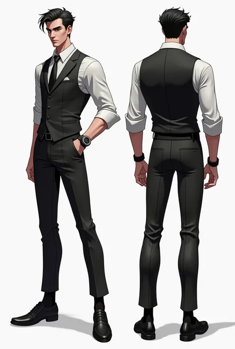 Can you make 2d pose character male drawing survey is front, back, detail view, and other item like( Helmet level 3, Bag level 3, and Key chain for bag ). The theme is debonair with black pants, socks, shoes, and vest no coat 