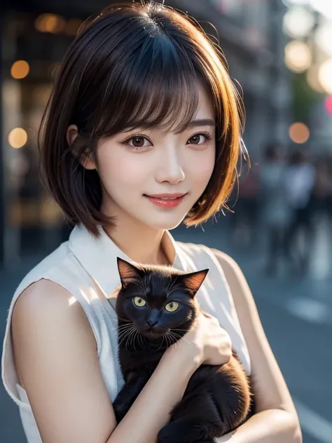 woman,cat,sunset,bob hair