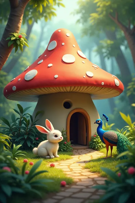 A mushroom hut with a bunny rabbit near to it and a beautiful jungle with peacock and bears near to it