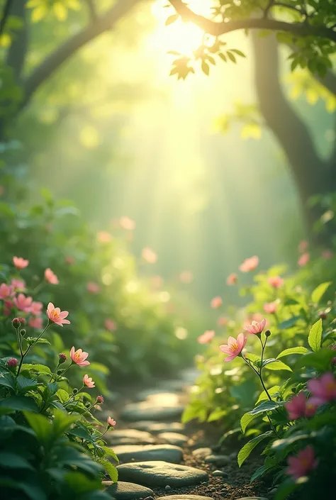 "Soft, warm sunlight filters through a serene botanical garden, casting a gentle glow on a peaceful landscape. Delicate petals and lush greenery surround a calm and tranquil atmosphere, evoking feelings of inner peace and harmony. The soft focus and muted ...