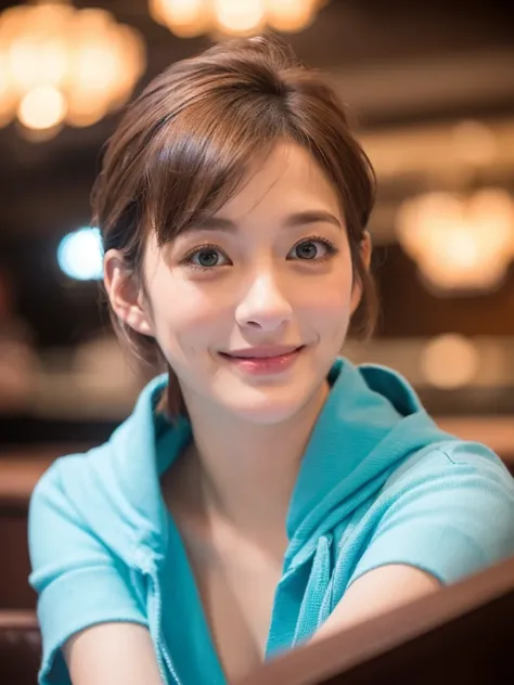 a Close-up portrait of gorgeous smiling cute Japanese woman in a glamorous blue dress outfit, delicate facial features, porcelain-skinned, ponytail, a fusion of young Marion Cotillards striking eyes and young Anne Hathaways introspective gaze, long and sle...