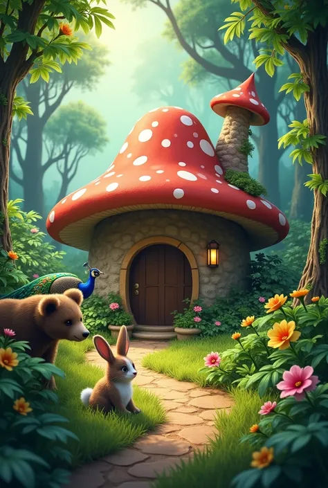 A mushroom hut with a bunny rabbit near to it and a beautiful jungle with peacock and bears near to it make a photo of aspect ratio 2:3 