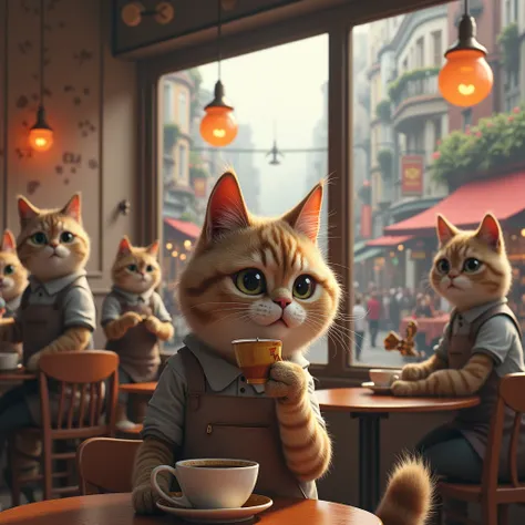 Hyperrealistic 4k cat drinking coffee in a cafeteria served by cats of different breeds in a city seen from a shopping street in a cat city