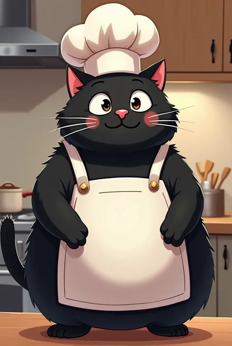 A black chubby cat named Max, wearing a chef’s hat and apron.