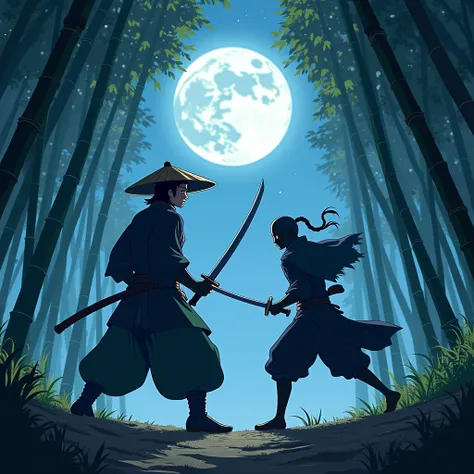 samurai vs ninja, hold a katana, japanese conical hat, hakama, aesthetic, wide shot, cinematic lighting, ultra wide angle, moonl...