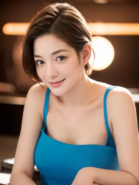 a Close-up portrait of gorgeous smiling cute Japanese woman in a glamorous blue dress outfit, delicate facial features, porcelain-skinned, ponytail, a fusion of young Marion Cotillards striking eyes and young Anne Hathaways introspective gaze, long and sle...