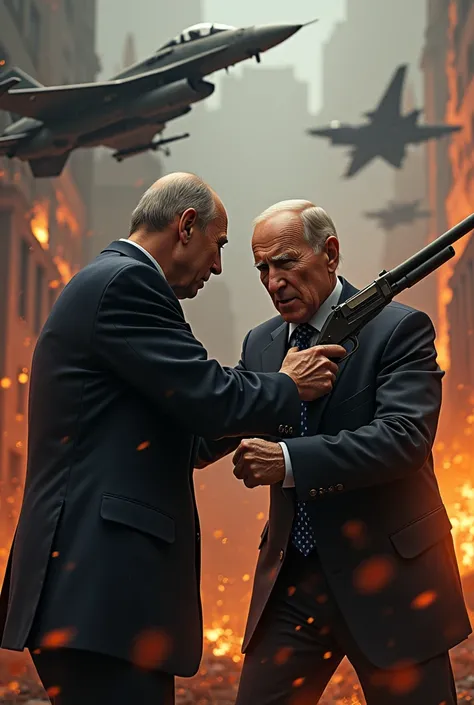 (photorealism:1.2), Putin is trying to kill biden with shotgun from DOOM, hell around, Biden is scared, f-16 and FPV drones in air, demons around,