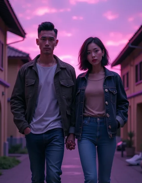 Handsome Thai man crew cut hair wearing jacket and shirt walking side by side beautiful woman short hair wearing  jacket, collar shirt and blue jeans, brown building, purple sky, purple atmosphere, realistic 