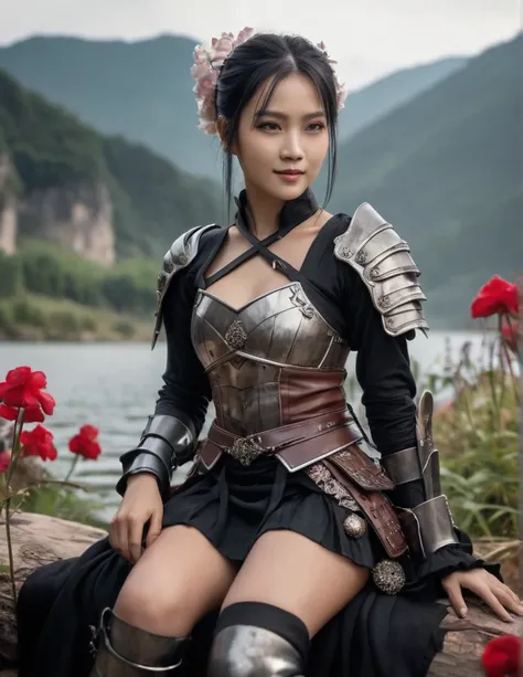 (medium shot, zoomed in upper body:1.3) (wuxia fantasy style:1.5) photo of a grinning, (perfect teeth:1.3) horny strong 5(Manchu:1.3) woman with short straight angled black hair with grey parts, brown eyes, (tiny breasts:1.3), toned ass, (perfect hands:1.3...