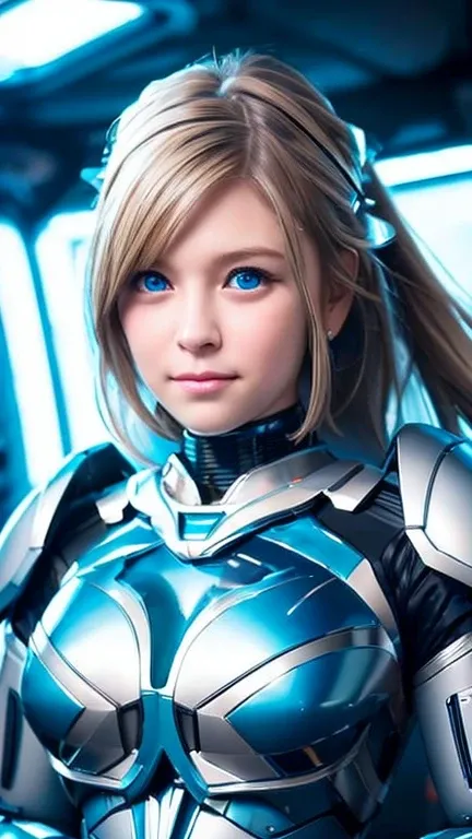 Wide-angle shot, 1 female, Mecha, Shining dark blue eyes, Very cute face, (Realistic:1.37), バイオMechaニカル, Spaceship interior bokeh background, Ultra-realistic, Very detailed, Very intricate details, Beautiful woman in focus、