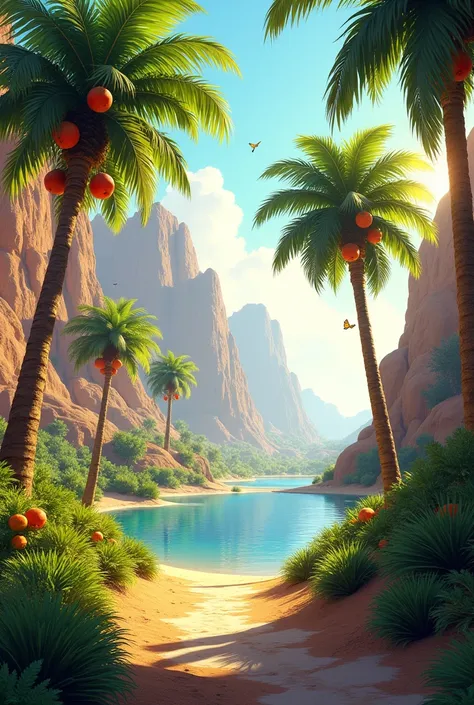 I want a beautiful image of the desert with lots of trees and fruits with a beautiful lake
