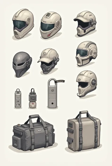 Can you make 2d object drawing survey is detail view Helmet level 1 to 3, Bag level 3, and Key chain for bag . The theme is mafia