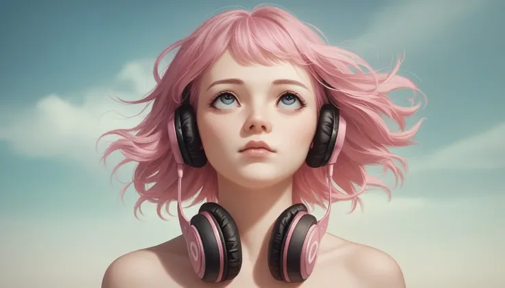 beachfront ((work of art, highest quallity, A highest quallity de imagem, high resolution, photorrealistic, CRU photo, 8k, Extremely detailed 8k unified CG wallpaper)) a late afternoon sky with lots of pink and light blue, a girl with headphones and pink h...