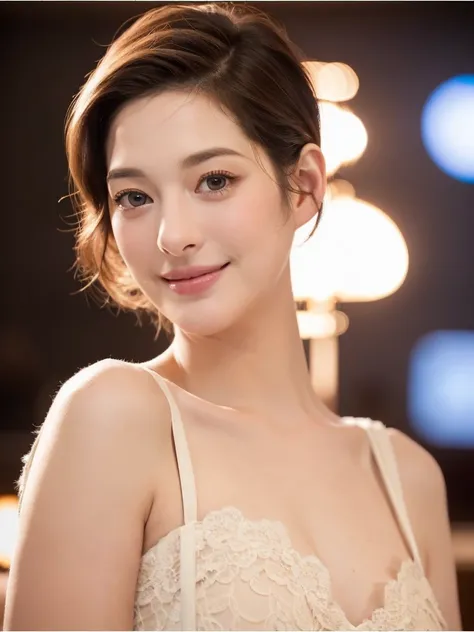 a Close-up portrait of gorgeous smiling cute Japanese woman in a glamorous lacy dress outfit, delicate facial features, porcelain-skinned, ponytail, a fusion of young Marion Cotillards striking eyes and young Anne Hathaways introspective gaze, long and sle...