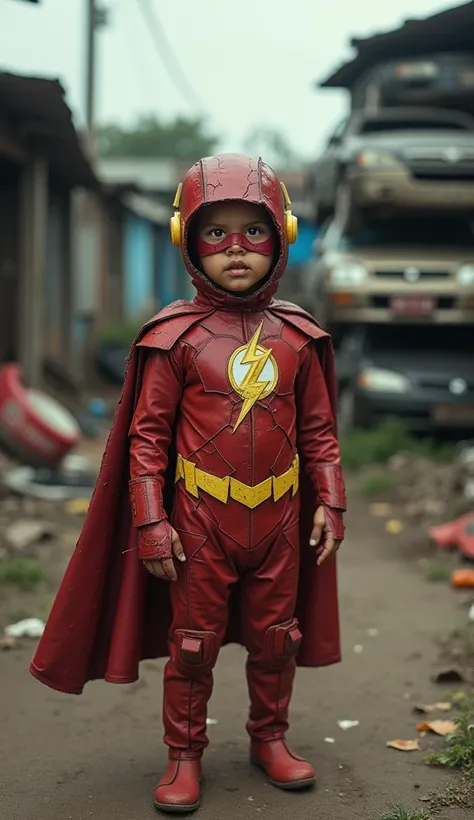 hyper realistic, photo of kid , wearing the the Flash costume create from used cardboard with a lot of crack in costume, the costume with intricated texture details. Standing in chaotic Indonesian village look like Gotham City ,background pile of Indonesia...