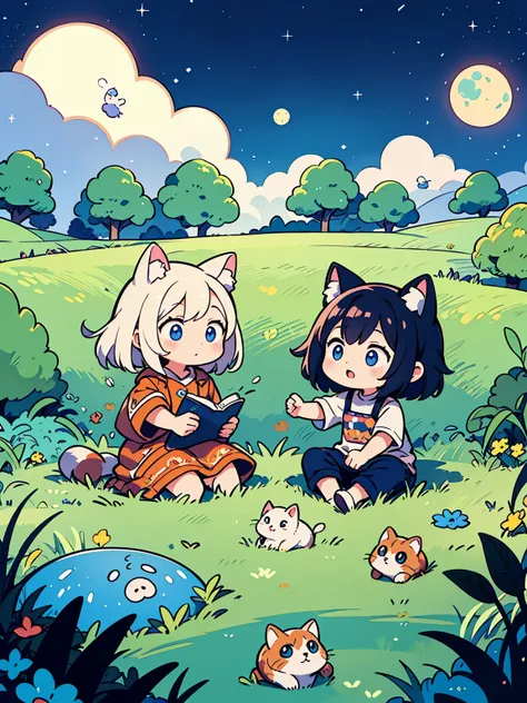 There was a moon in the night sky. There is a cute cat on the grassland. I was sitting on the grass,Hand-drawn style,Children&#39;s illustrations,Flat illustration,masterpiece,Highest quality,