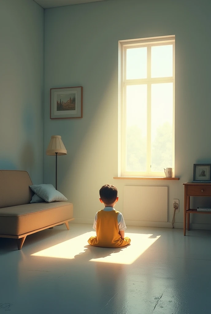 An image that has a softly lit room with little decoration and a boy sitting down