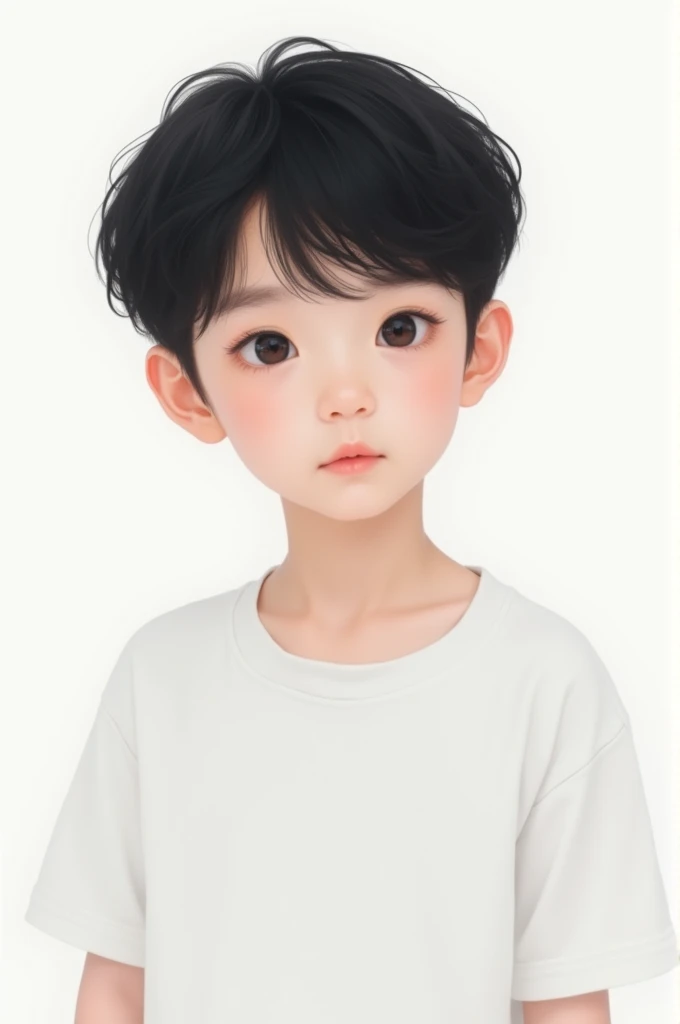 A Korean boy in white t shirt and white background 