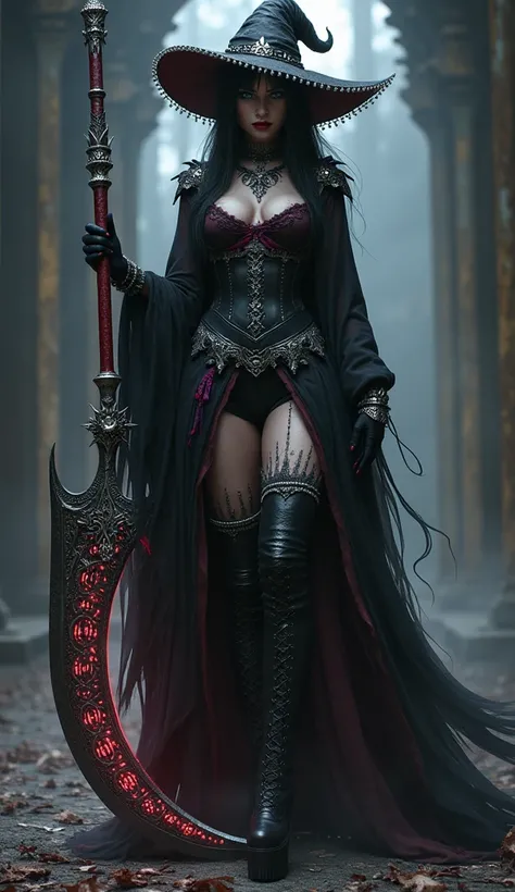 dark souls epic, elden ring  a   tall emo super pale witch gothic angry woman in witch hat, black velvets, lace, fishnets and leather tinged with scarlet or purple, accessorized with tightly laced corsets, gloves, platform boots and silver jewellery depict...